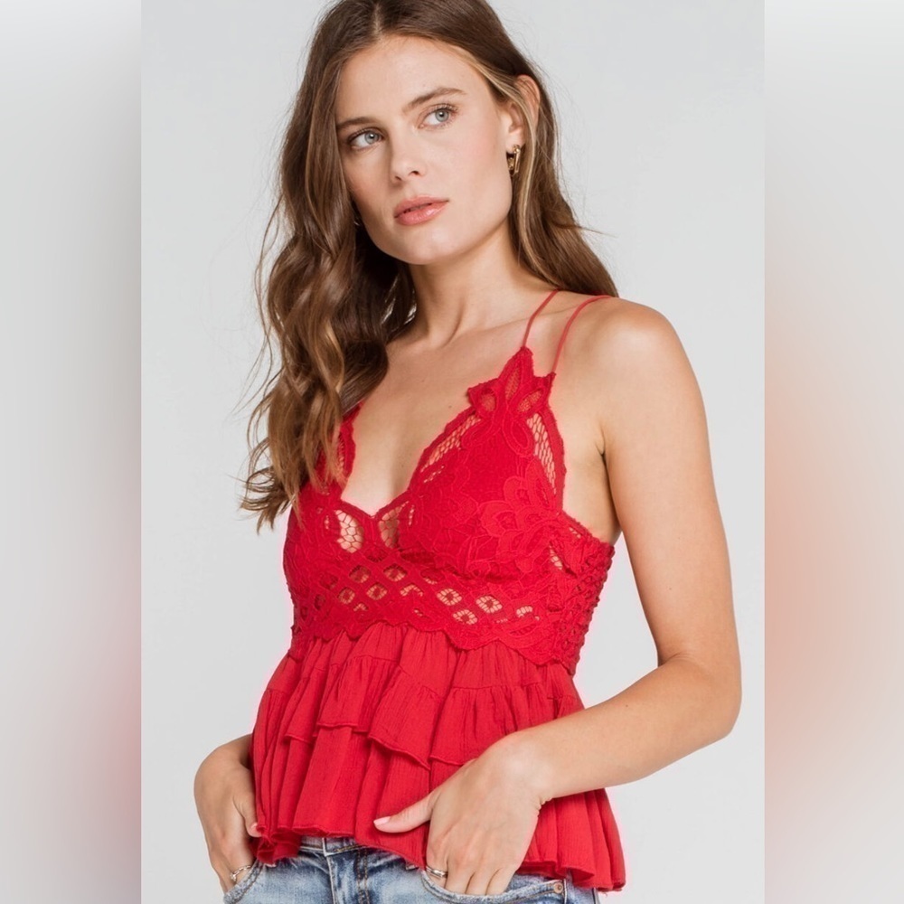 Free People Adella Cami Womens Red Lace Tiered Tank Top Strappy Size Small - Picture 4 of 4